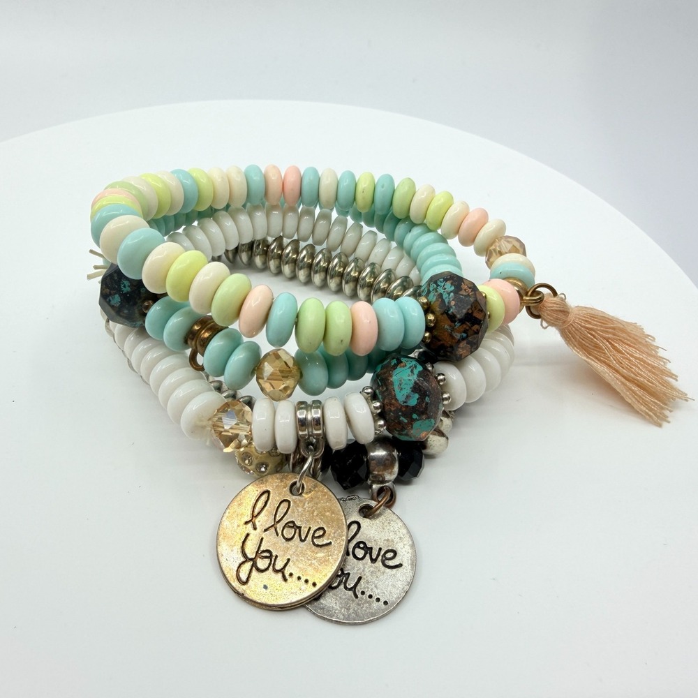 VTG Y2K Pastel Beaded Stack Bracelets with I Love You Charms Boho
